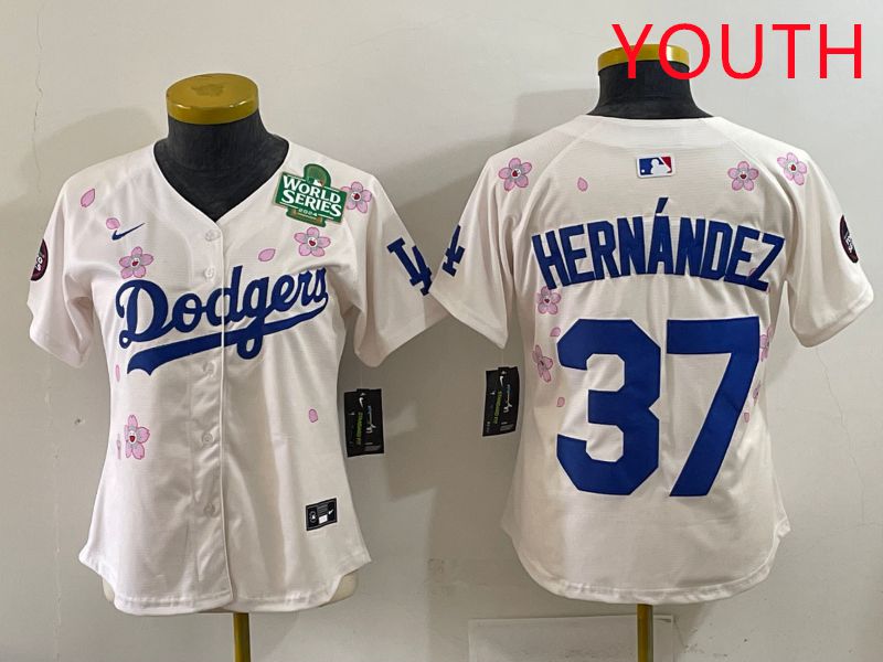 Youth Los Angeles Dodgers #37 Hernandez Cream Sakura Edition 2025 Nike MLB Jersey style 35